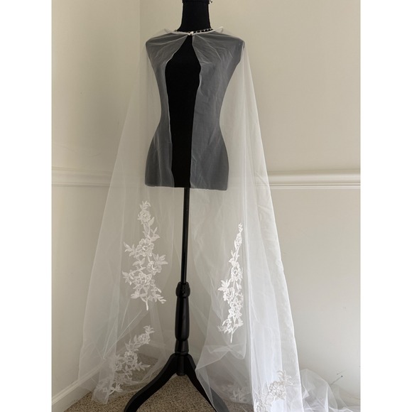 Accessories - Cathedral Length veil‎ Floral Lace Appliqué Bridal Cape White Tulle 110" long